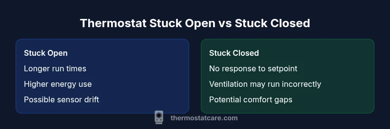 Infographic comparing thermostat stuck open vs stuck closed