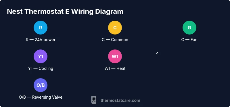 Diagram of Nest Thermostat E wiring terminals mapping to HVAC wires