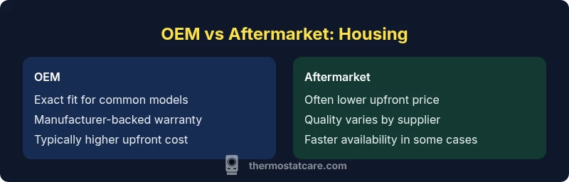 Comparison infographic showing OEM vs aftermarket thermostat housing