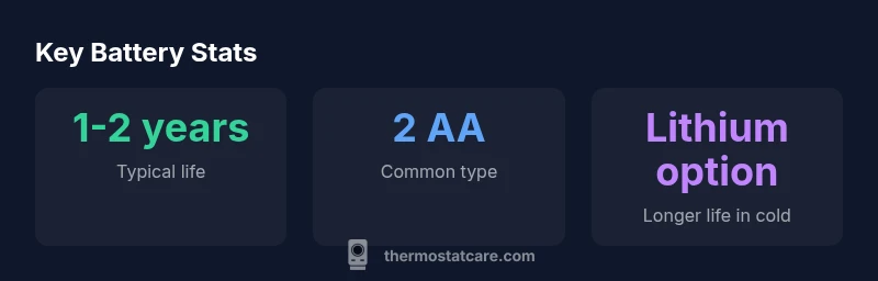 Infographic showing typical battery life, battery types, and guidance for Honeywell Pro Series thermostat battery