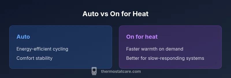 Infographic comparing Auto vs On for Heat thermostat settings