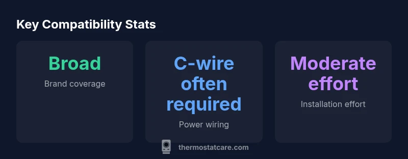 Stats showing compatibility breadth, C-wire needs, and installation effort for Lennox thermostat pairing