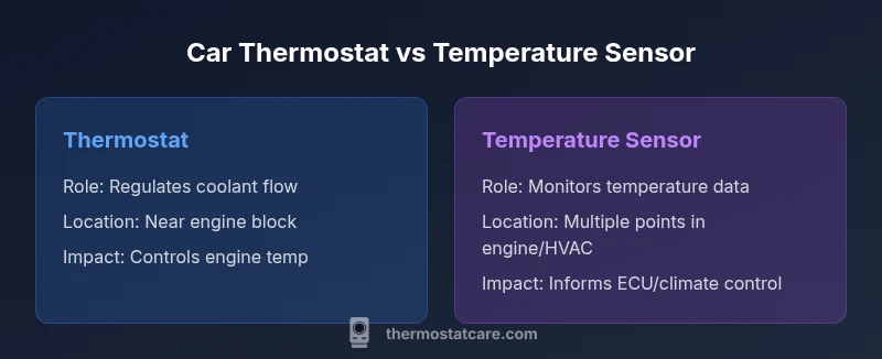 Diagram comparing a car thermostat and temperature sensor in an engine and HVAC system