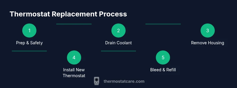 Step-by-step thermostat replacement process diagram for a Chevy Malibu