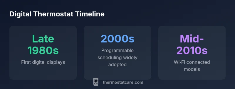 Timeline infographic showing the evolution of digital thermostats from the 1980s to today.
