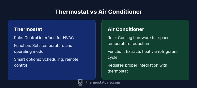 Infographic comparing thermostat and air conditioner components and roles