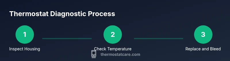 Infographic showing a three-step thermostat diagnostic process in a car cooling system